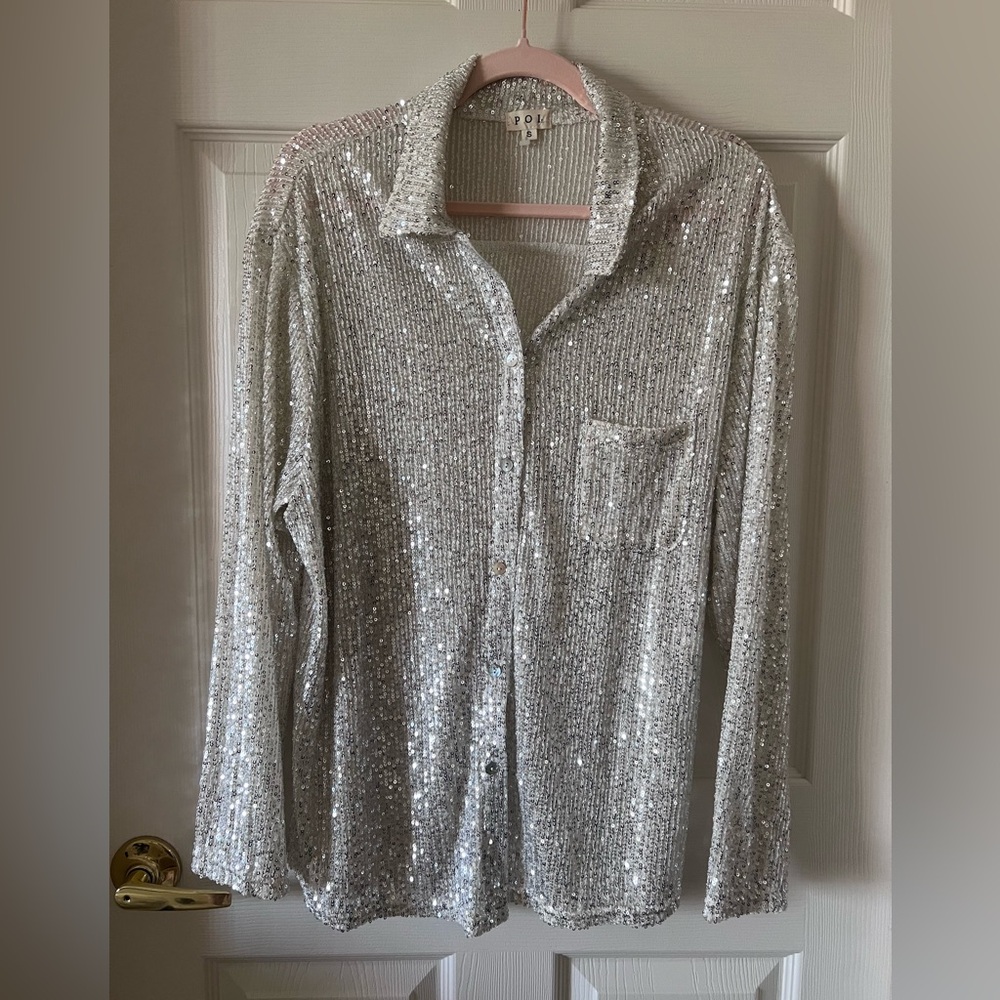 POL Silver Sequin Sheer Button Down Long Sleeve Top Small